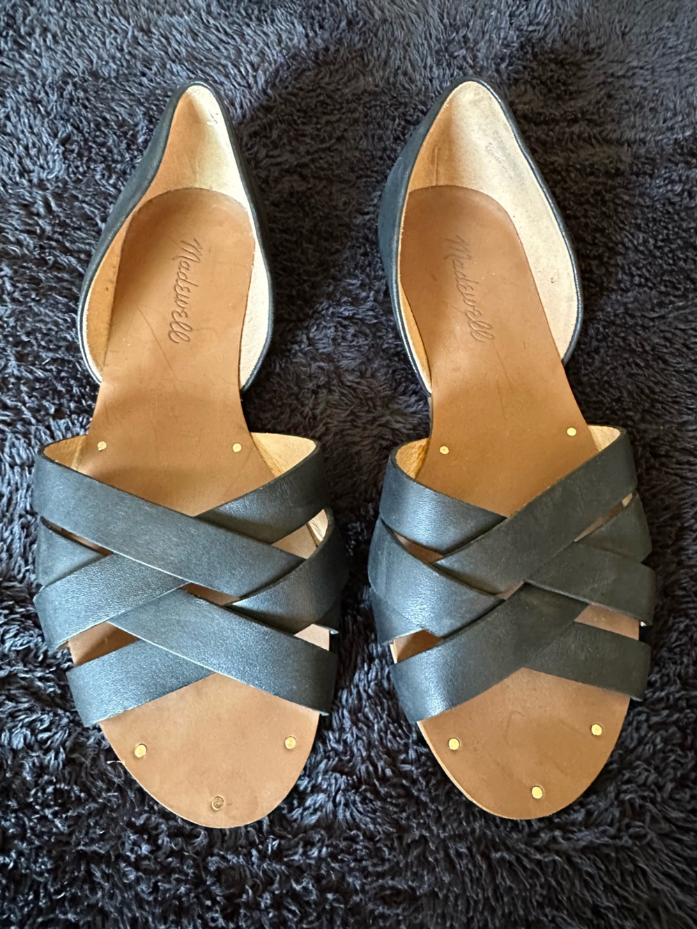 Madewell Black Leather Woven Slide Sandals